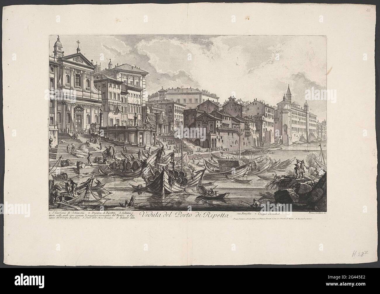 Hafen der Rezepte Te Rom; Blick auf den Hafen der Wiederholung; Gezichten op Rome; Ansichten von Rom entworfen und graviert von Giambattista Piranesi Architekt Ve (Nez) iano. Gezicht Op de Porto Di Ripetta in De Tiber Te Rome Bij de Chiesa di San Girolamo dei Crote. Titel en Verklande Lijst met Nummers in Overtercard. Stockfoto