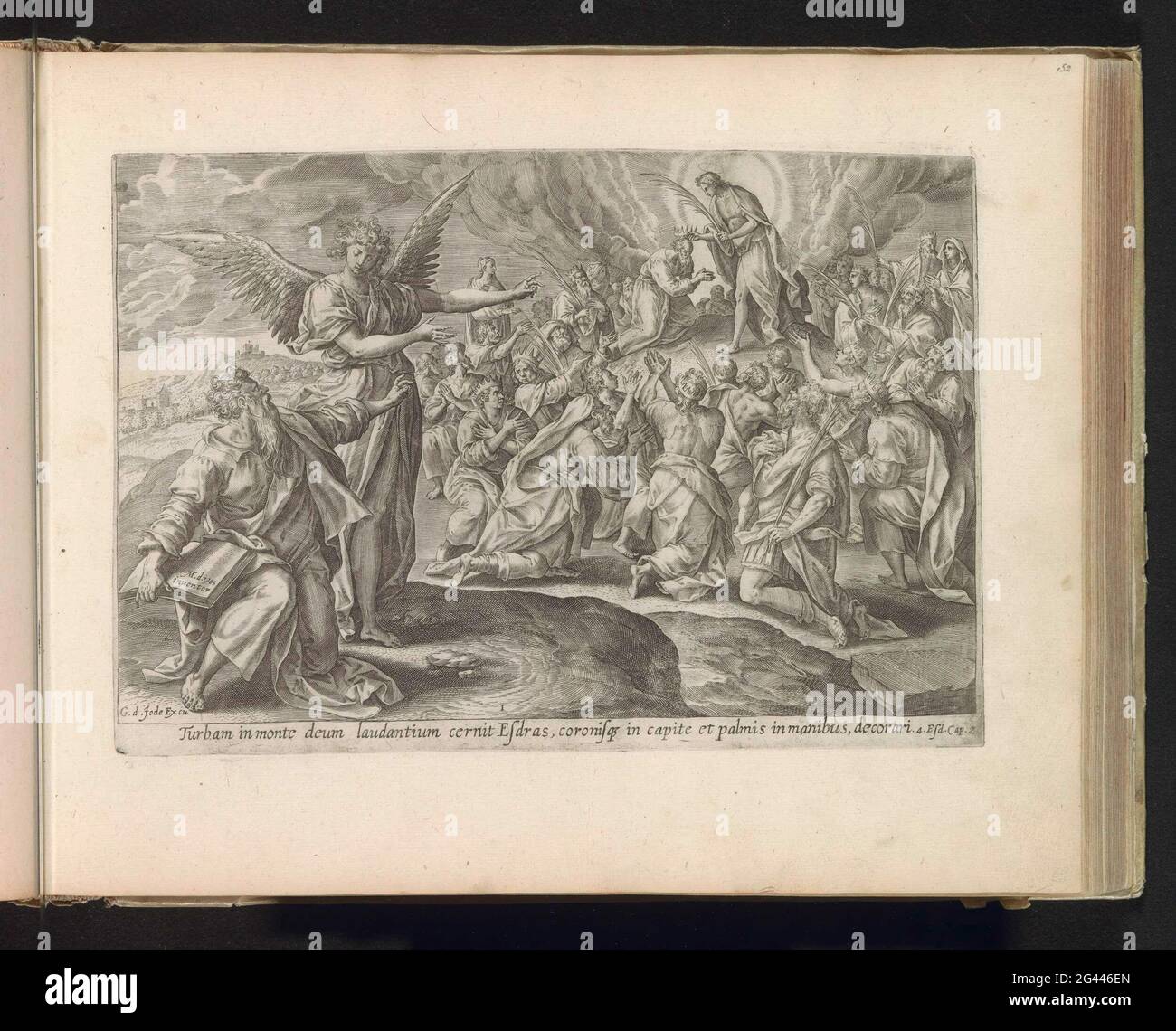 Erste Vision von Ezra: Der Sohn Gottes krönt die Menge; Visionen von Ezra; Thesaurus Sacrarum HistoriaRu [M] Veteris Testame [N] Ti, Elega [N] Tissimis Imaginibus Expressu [M] Excelle [N] Tissimoru [M] in Hac Arte Viroru [M] Oper: Jetzt [N] C Primu [M] Luce. Ezra steht im Vordergrund rechts und wird von einem Engel auf eine Vision hingewiesen. Esra sieht den Sohn Gottes auf dem Berg Zion, den die Menschen krönt und ihre Palmzweige. Unter der Show eine Referenz in Latein auf die apokryphen Bibel Text in 4 Esra 2. Dieser Druck ist Teil eines Albums. Stockfoto