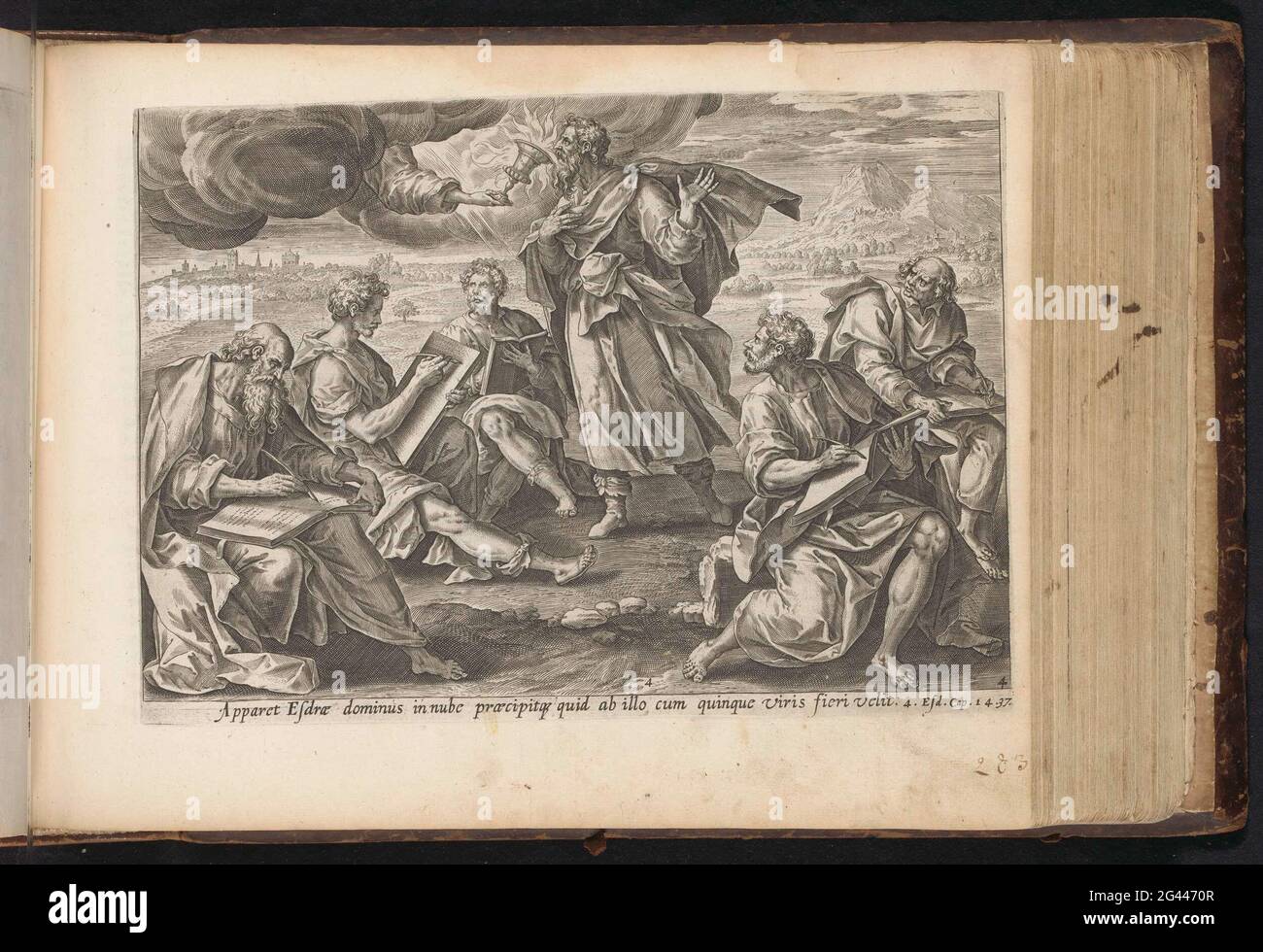 Ezra trinkt den Kelch des Wissens und der Weisheit; Van esdras und nehemias; Visionen von Ezra; Den Grooten Figuer Bibel (...). Esra ging mit fünf Männern auf den Platz und wird von Gott einen feurigen Kelch angeboten, aus dem er trinkt. Dies ist der Kelch des Wissens und der Weisheit. Die fünf Männer schreiben die Worte, die Ezra sagen. Unter der Show eine Referenz in Latein auf die Apokryphen Bibel Text in 4 Esra 14:37. Dieser Druck ist Teil eines Albums. Stockfoto