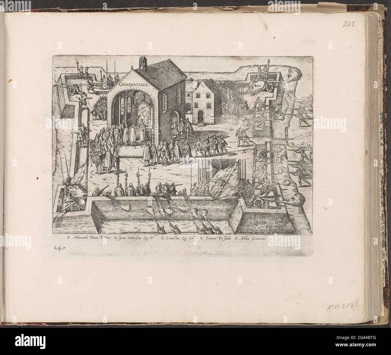 Parma und der päpstliche Gesandte in Gnadental, 1586; Serie 9: Niederländische und deutsche Veranstaltungen, 1583-1587. Der Herzog von Parma wird vom päpstlichen Gesandten für seine Verdienste gepriesen, Szene in einer Kirche im Gnadental in Neuss, 1. August 1586. Episode aus dem Keulse-Krieg. Mit der Beschriftung in der Platte nur die Aussage aus den Buchstaben A-D. Links unten nummeriert: 240. Der Druck ist Teil eines Albums. Stockfoto