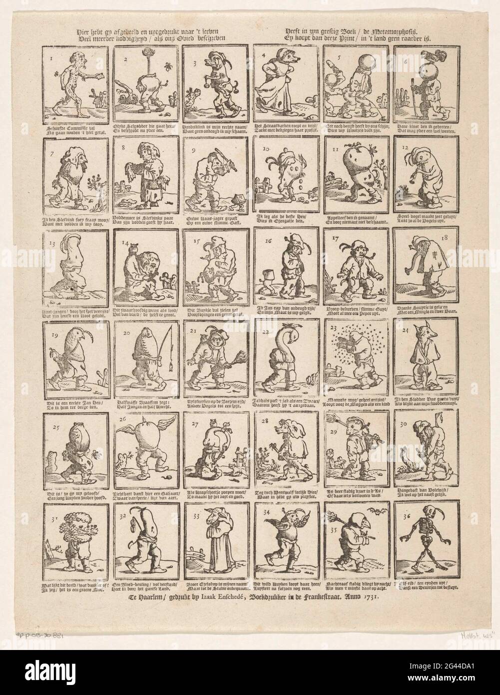 Blatt mit 36 satirischen Darstellungen kodiger Figuren. . Stockfoto