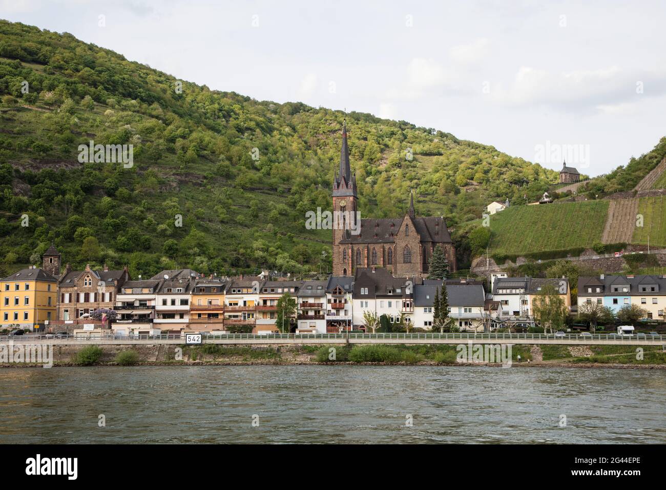 Rheinufer und Stadt mit St. Bonifatius-Kirche, Lorchhausen, Hessen, Deutschland, Europa Stockfoto