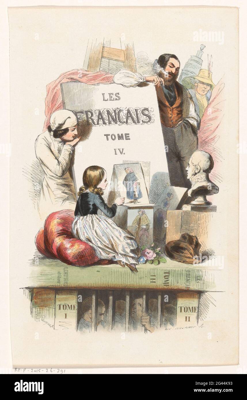 Personen, die Kunst betrachten; Titelseite für: Les Français Peints Par eux-mêmes, 1841. Ein Mann mit Zigarre lehnt sich an ein Tuch, das gegen eine Staffelei steht. Im Vordergrund verbindet ein Mädchen auf einem Kissen, das sich einige Damenabdrücke ansieht, eine Person in der Nachtdame. Rechts eine Büste, wahrscheinlich diese Louis Philip I. von Frankreich präsentiert. Die Szene ruht auf ein paar Büchern, zwischen denen sich hinter Gittern verfangen. Stockfoto