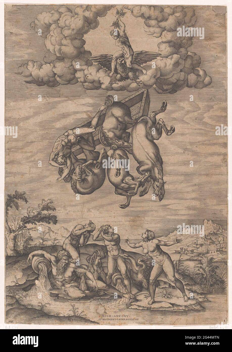 Fall von Phaëthon. Phaëthon fällt mit seinem Auto und sind vier Pferde vom Himmel. Über Jupiter auf seinem Adler, der kurz vor einem Blitzschlag steht. Unter einem flussgott (eridanus) und vier badenden Nymphen. Stockfoto
