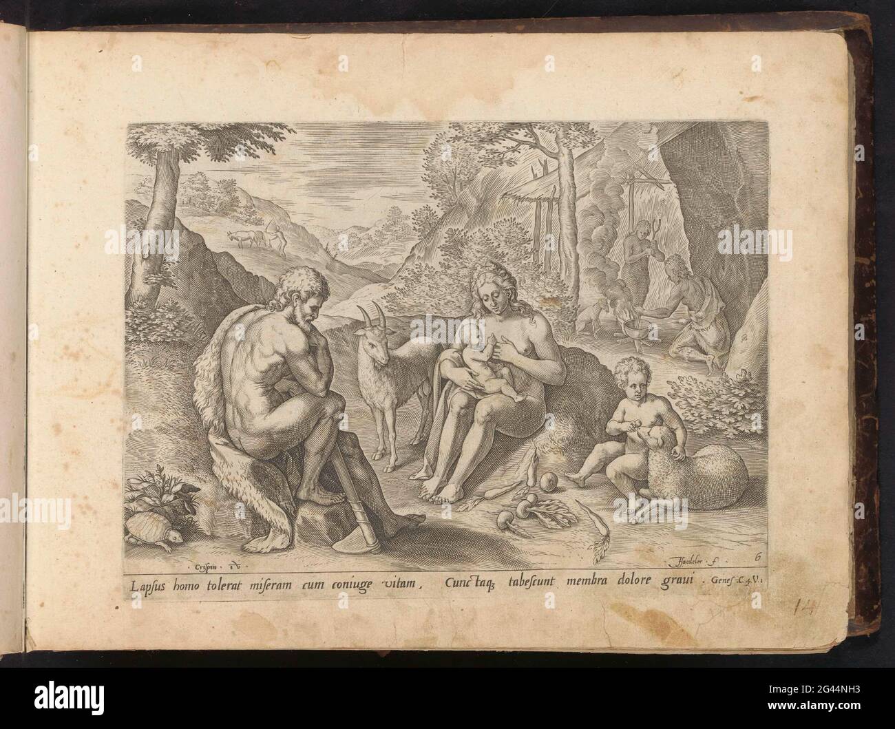 Adam und Eva außerhalb des Paradieses; von Adam und Eva; Schöpfung und Fall; Den Grooten Figuer Bibel (...). Adam und Eva und ihre Kinder Kain und Abel in der Wüste außerhalb des Paradieses. Adam Ruhe der Arbeit, die er täglich ausführen muss. Eva schlägt Abel. Cain gibt einem Schaf beim Essen. Genau, Adam und Eva kochen für ihr Zuhause. Adam bearbeitet das Land im Hintergrund. Am Ende eines Hinweises auf den Bibeltext in Latein. Dieser Druck ist Teil eines Albums. Stockfoto