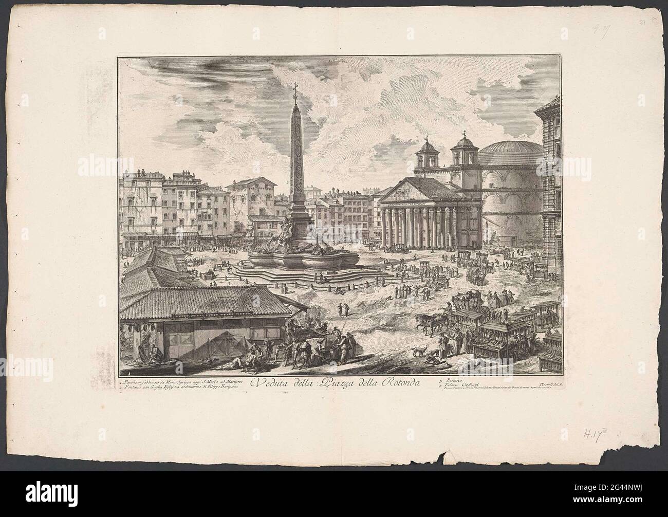 Piazza della Rotonda Te Rom; Blick auf den Rotonda-Platz; Gezichten op Rome; Ansichten von Rom, entworfen und graviert von Giambattista Piranesi Architekt Ve (Nez) iano. Gezicht op Het Piazza della Rotonda Te Rome met Het Pantheon en de Fontana del Pantheon. Titel en Verklande Lijst met Nummers in Overtercard. Stockfoto