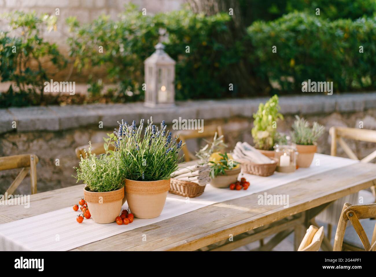 Empfang am Tisch für Hochzeitsessen bei Sonnenuntergang im Freien. Alte rechteckige Holztische mit Lappen Läufer, Holz Vintage Stühle, Lave Stockfoto