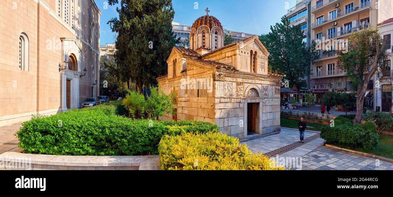 Außenansicht der Byzantinischen Kirche Little Metropolis, Athen, Griechenland Stockfoto