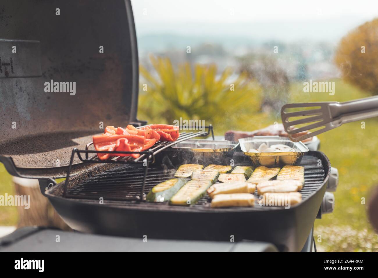 Vegetarisches BBQ am Wochenende. Grillen Sie Käse und Gemüse auf dem  Gasgrill. Im Freien Stockfotografie - Alamy