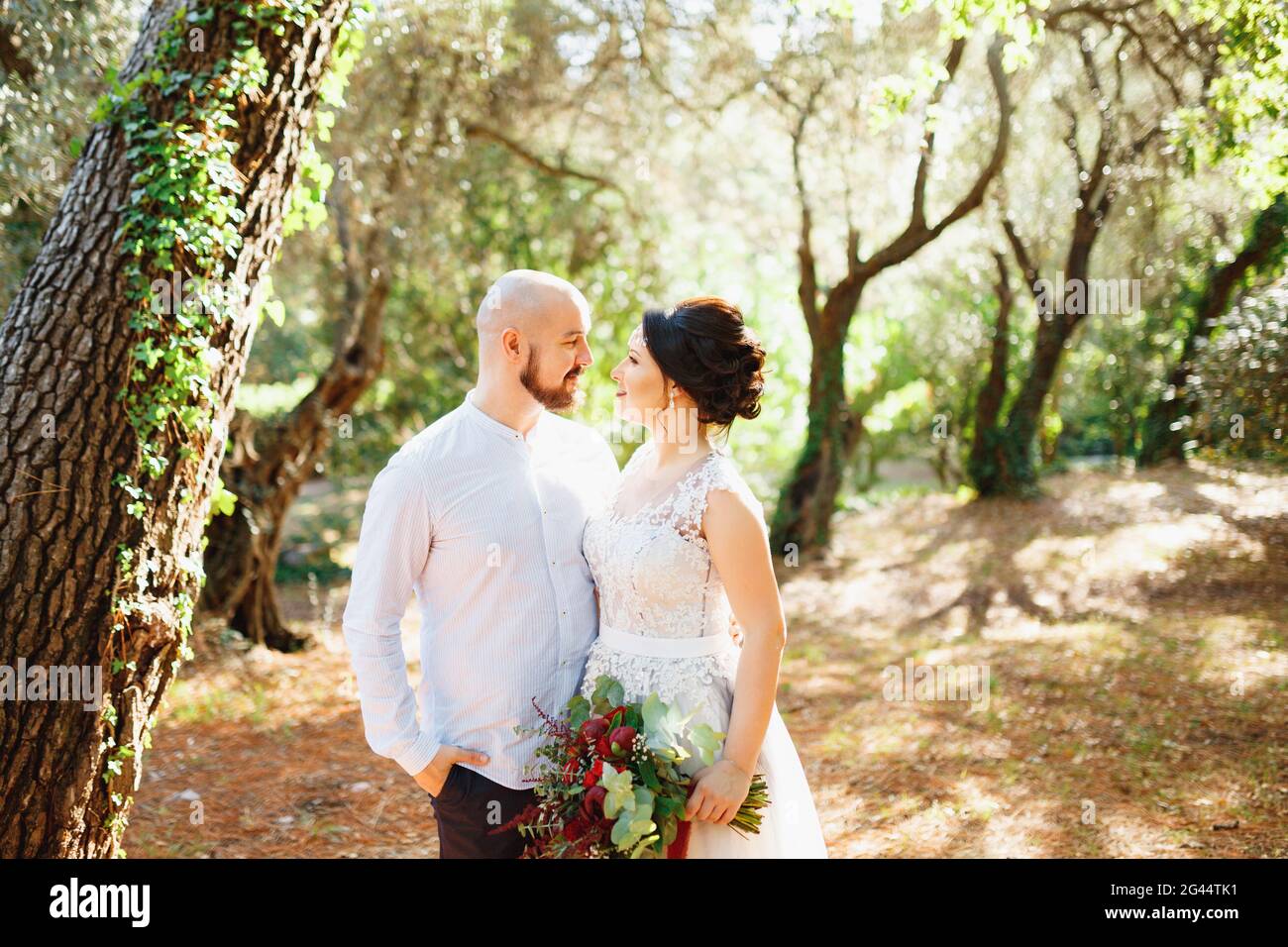 Die Braut und der Bräutigam mit einem Strauß stehen umarmt Die Bäume in einem Olivenhain Stockfoto