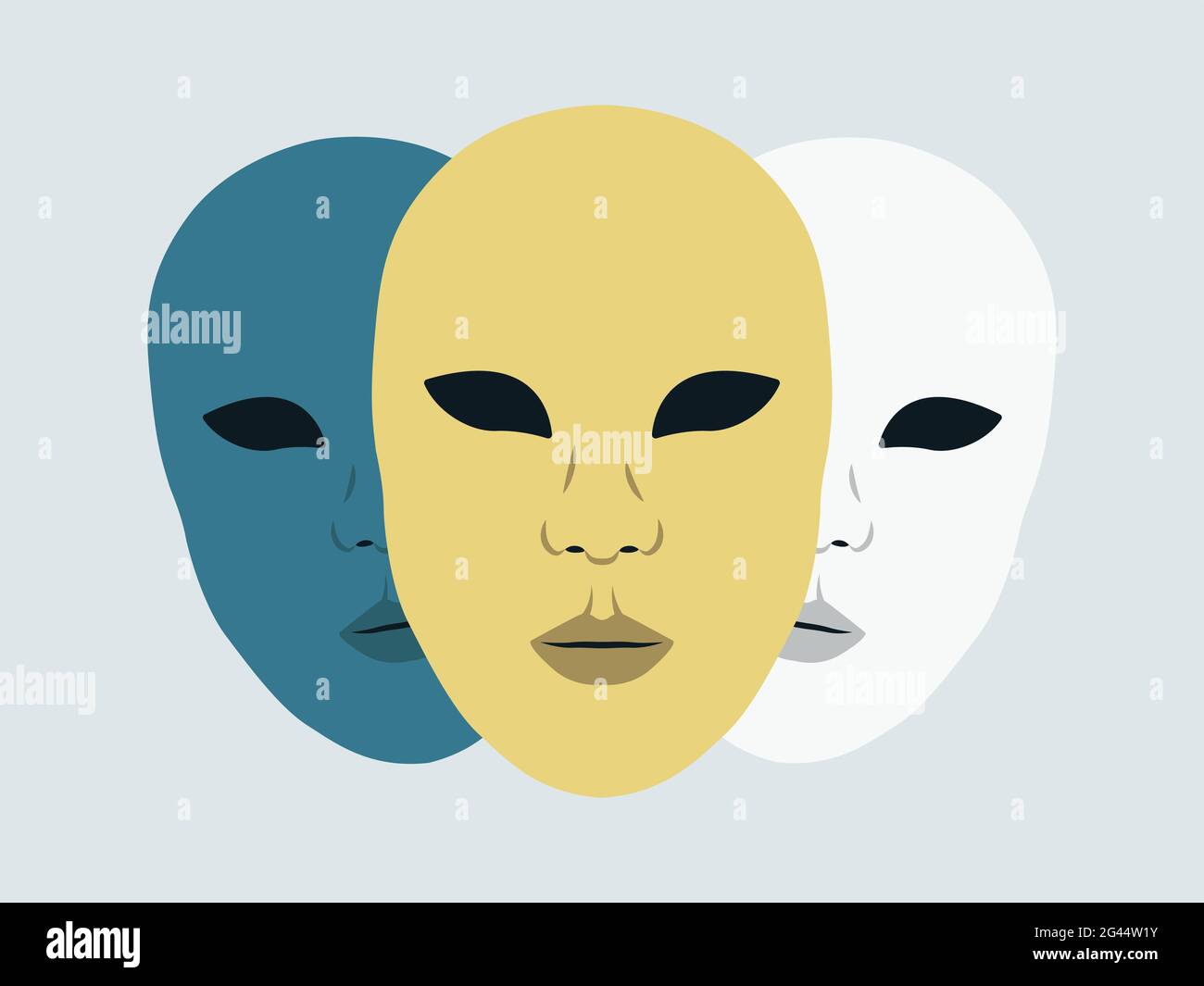 Vektor-Illustration von geheimnisvollen theatralischen Masken. Verkleidung, Maskierung der Persönlichkeit. Stockfoto