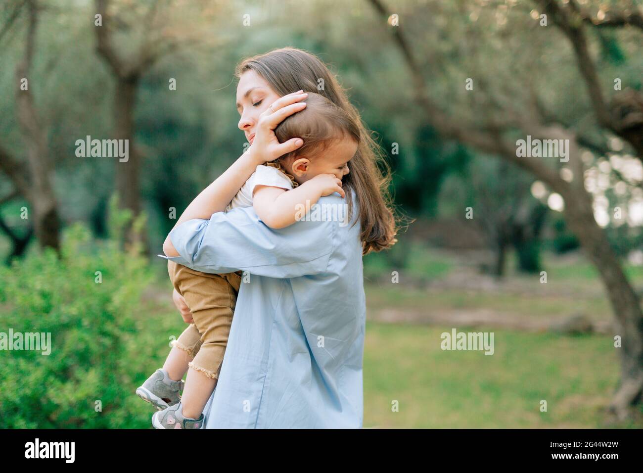 Mama hält ihren kleinen Sohn sanft in den Armen entgegen Der Hintergrund von Bäumen in einem Olivenhain Stockfoto