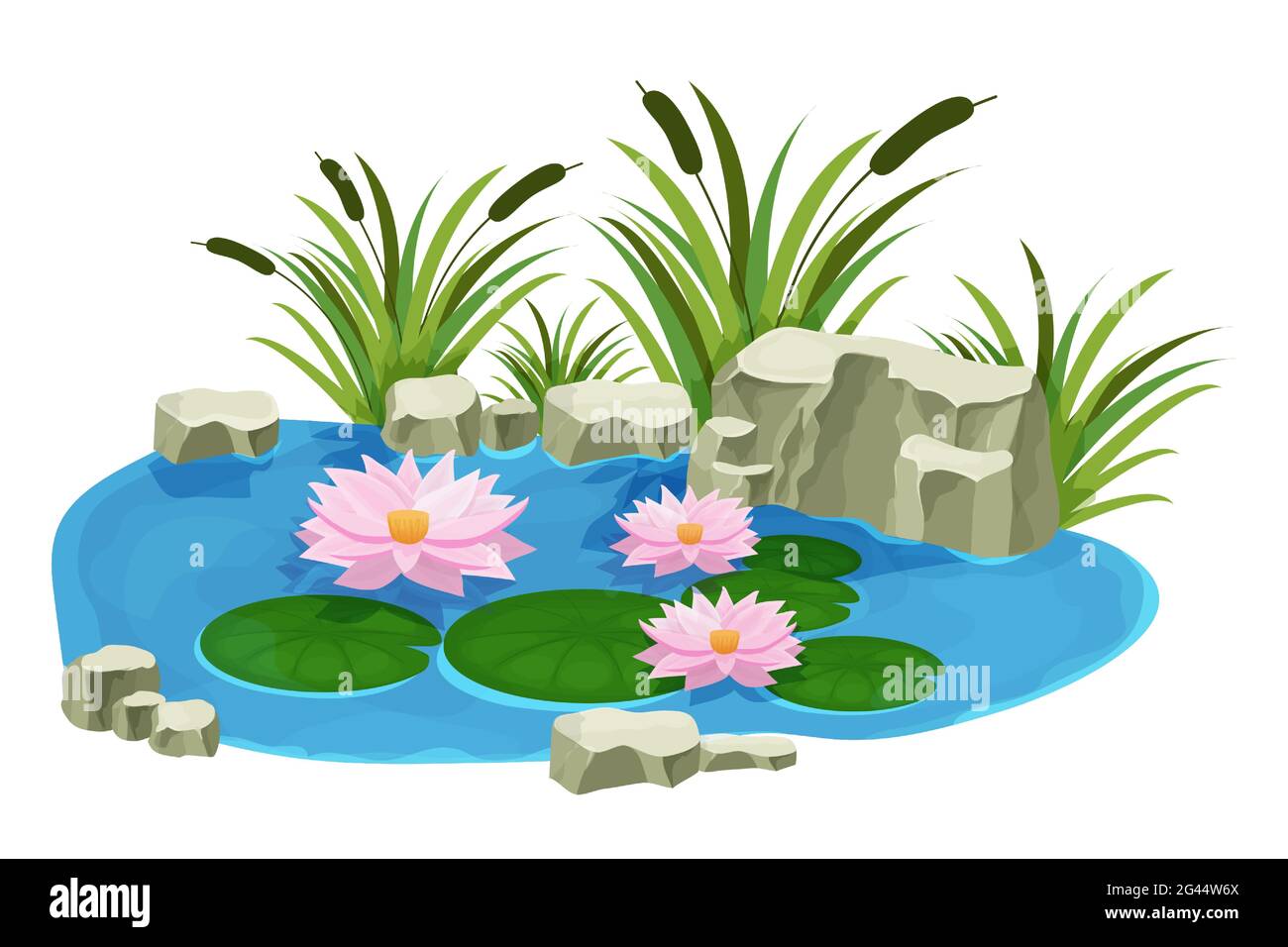 See mit ruhigem Wasser, Lilienblumen, Bullush und Steinen im Cartoon-Stil isoliert auf weißem Hintergrund. Naturteich im Freien. . Vektorgrafik Stock Vektor