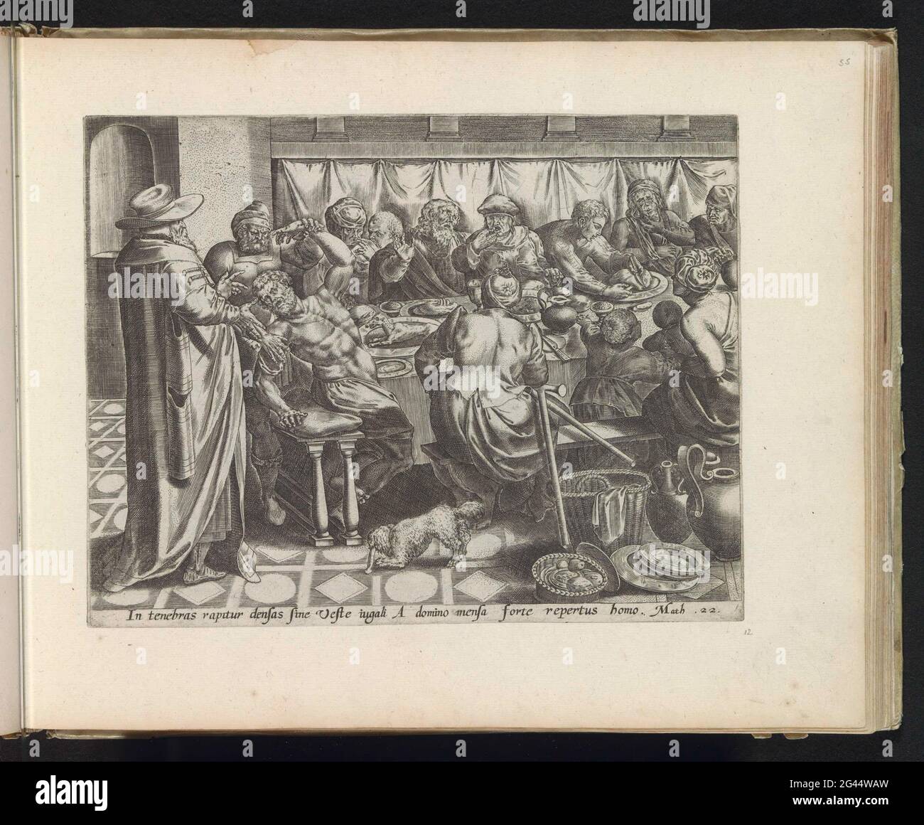 Ähnlichkeit der königlichen Hochzeitsfeier: Der Mann ohne Parteikleidung wird bestraft; Ähnlichkeiten aus dem Neuen Testament; Thesaurus Novi Testamenti Elegantissimis Iconibus Expressus Continens Historias atque Miracula Doni Nostri Iesu Christi. Auf einem langen Tisch stehen die Gäste des Königs zum Hochzeitsfreund. Es sind Leute von der Straße: Die Frau in der Mitte des Hockens neben ihm. Der König dreht die Mission, den Mann ohne Partykleidung an Hände und Füße zu binden und ihn in die extreme Dunkelheit zu werfen. Unter der Show eine Referenz in Latein auf den Bibeltext in MAT. 22. Dieser Druck ist Teil einer alb Stockfoto