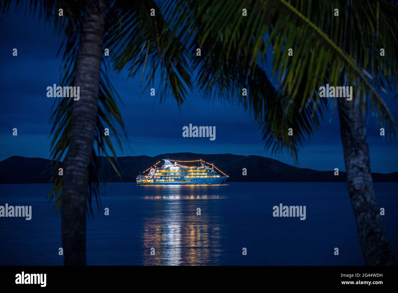 Kokospalmen und das Kreuzschiff MV Reef Endeavour (Captain Cook Cruises Fiji) in Roadstead bei Nacht, Gunu, Naviti Island, Yasawa Group, Fidschi-Inseln, Sou Stockfoto