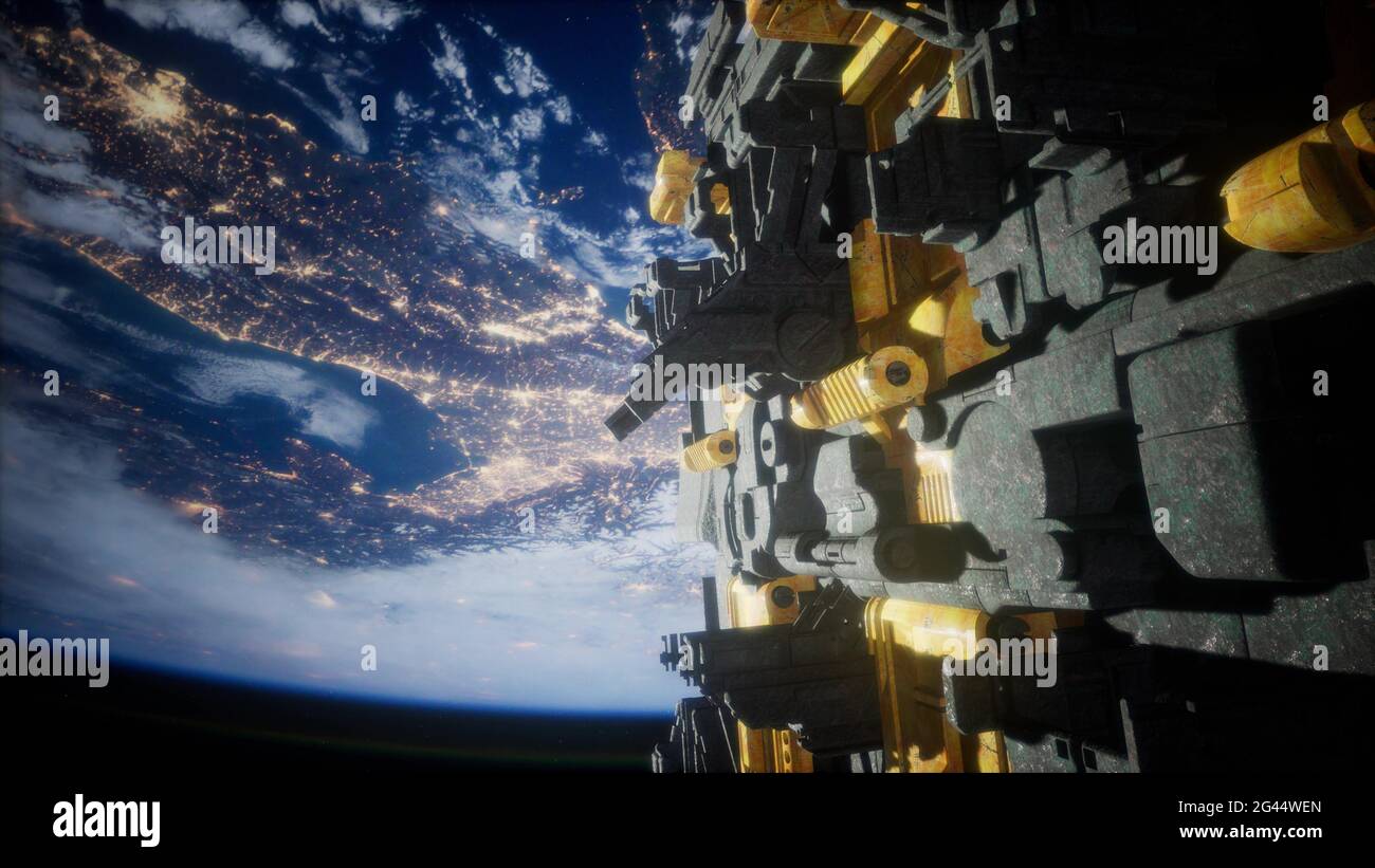 Raumschiff mit Blick auf Raum und der Planet Erde Stockfoto