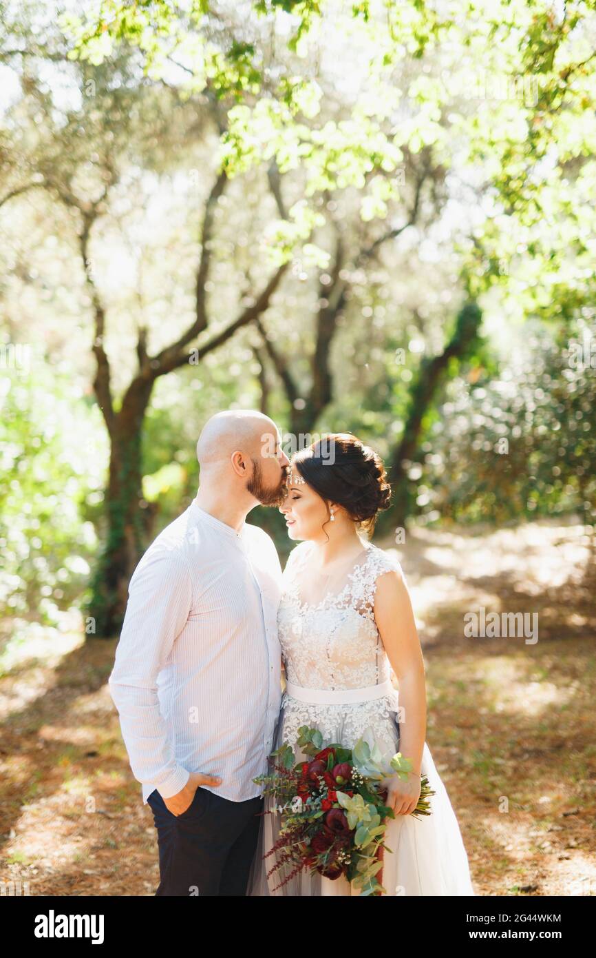 Die Braut und der Bräutigam stehen mit einem Strauß umarmt zwischen den Bäumen in einem Olivenhain, der Bräutigam küsst die Braut auf die Stirn Stockfoto