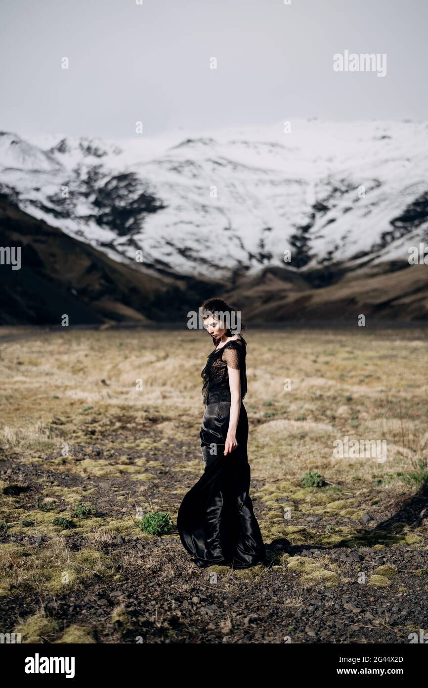 Reiseziel Island Hochzeit. Eine Braut in einem schwarzen Kleid mit einem sich entwickelnden Zug und Haaren, steht auf einem Feld mit gelbem Gras, auf Stockfoto