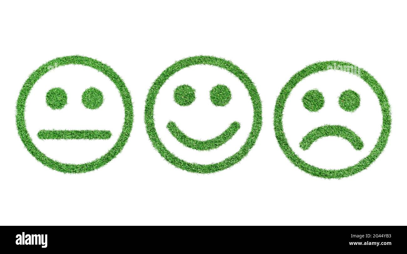 Smiley-Symbol gesetzt. Emoticons positiv, neutral und negativ aus Gras auf weißem Hintergrund isoliert. Stockfoto