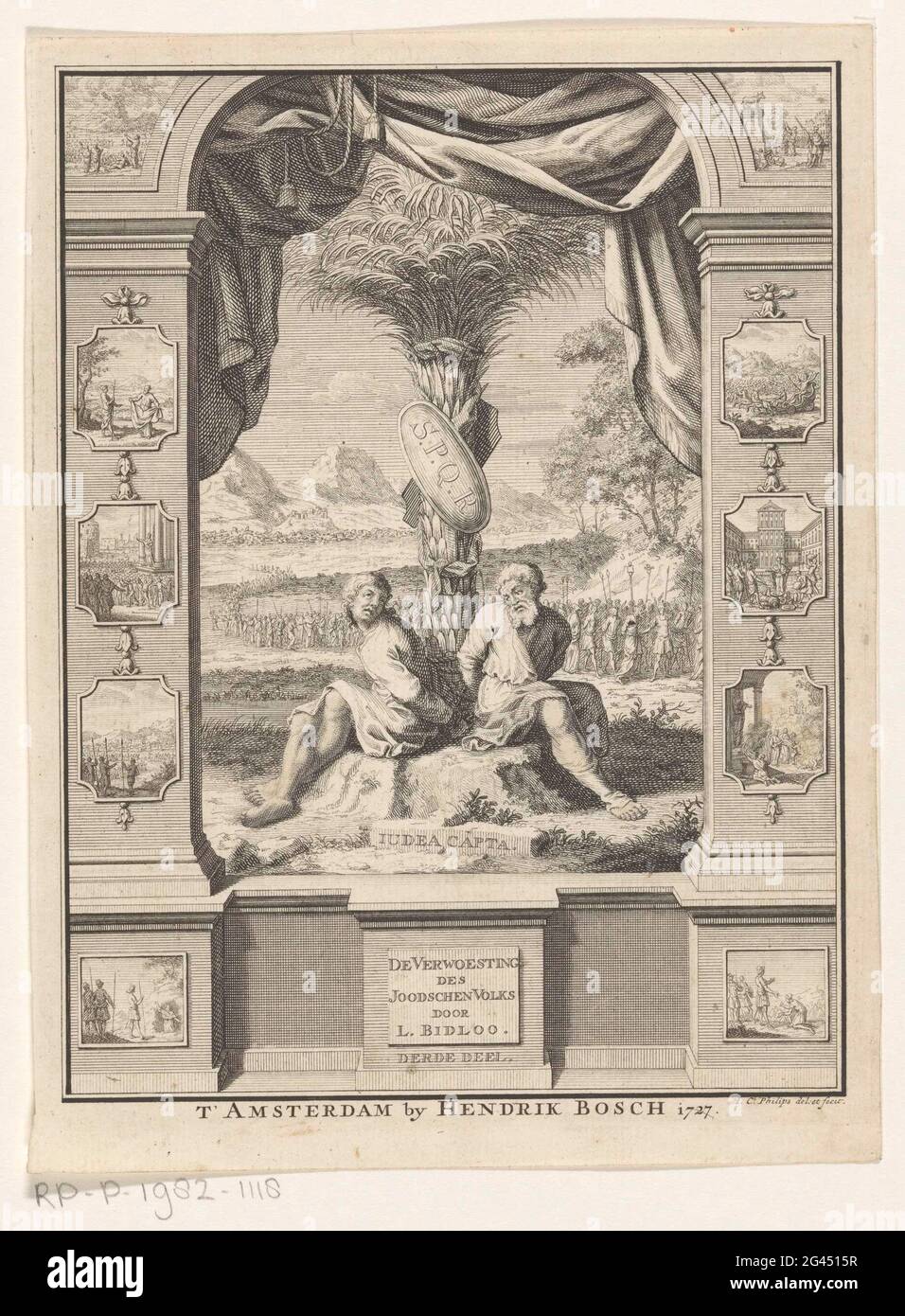 Juden an Palme gekettet; Titelseite zu: Lambert Bidloo, die Zerstörung des jüdischen Volkes, 1727. Zwei Juden werden mit einem Schild mit s.p.q.r. an eine Palme gekettet Im Hintergrund eine Prozession mit Gefangenen. Um einen runden Bogen mit verschiedenen Aufführungen geht es um das Judentum und die Fortsetzung der Juden. Stockfoto