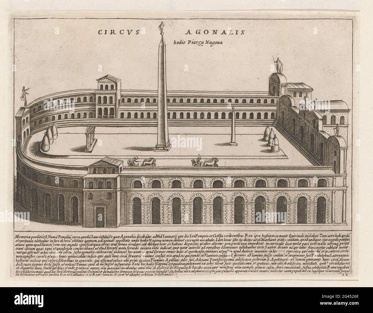 Domitianus-Stadion in Rom; Circus Agonalis Hodie Piazza Nagona; Antike Denkmäler; Antiquae Urbis Splendor; MAGESYN DER ITALIENISCHEN GEBÄUDE. Text in lateinischer Sprache in Undermarge. Der Druck ist Teil eines Albums. Stockfoto
