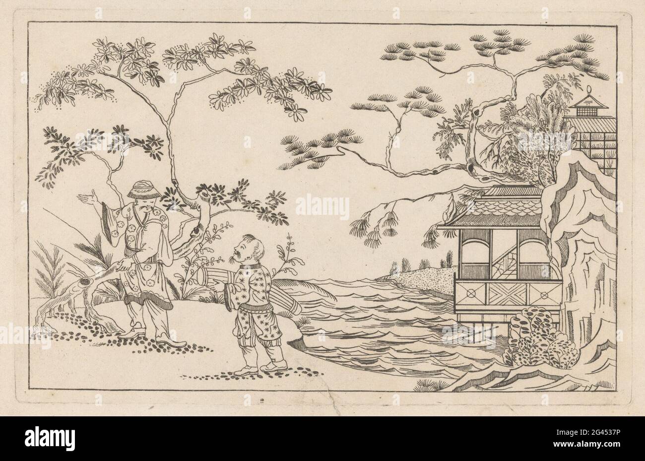 Zwei chinesische Männer in einer Landschaft; Neu umgebaut sinesen, mit großem Moeyte entworfen und gegeben darin, von P: Schenk Jun (...), erster Teil. Verbindet zwei chinesische Männer in einer Landschaft. Ein Fluss in der Mitte. Auf der rechten Seite ein Gebäude. Stockfoto
