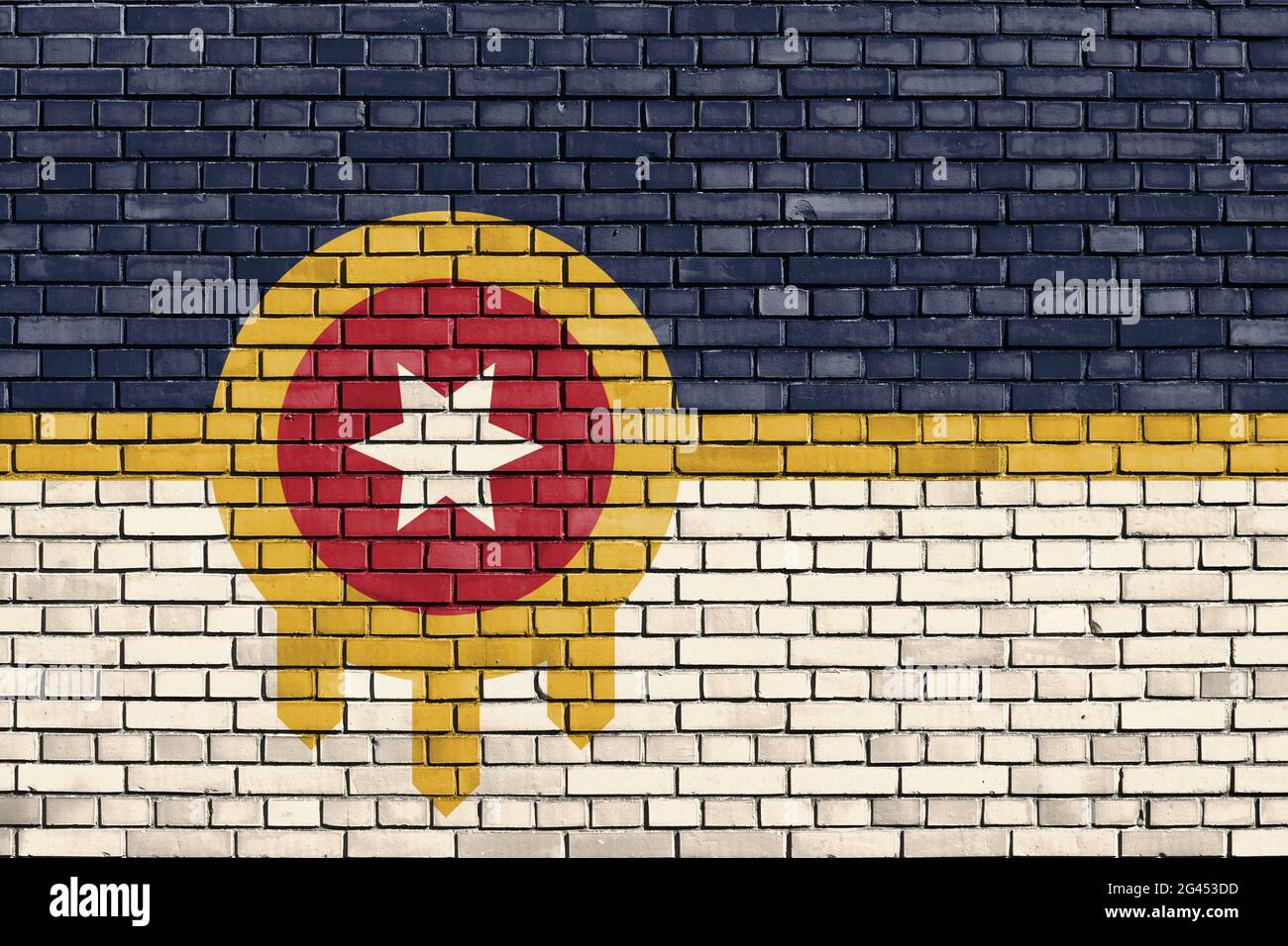Flagge von Tulsa, Oklahoma auf Ziegelmauer gemalt Stockfoto