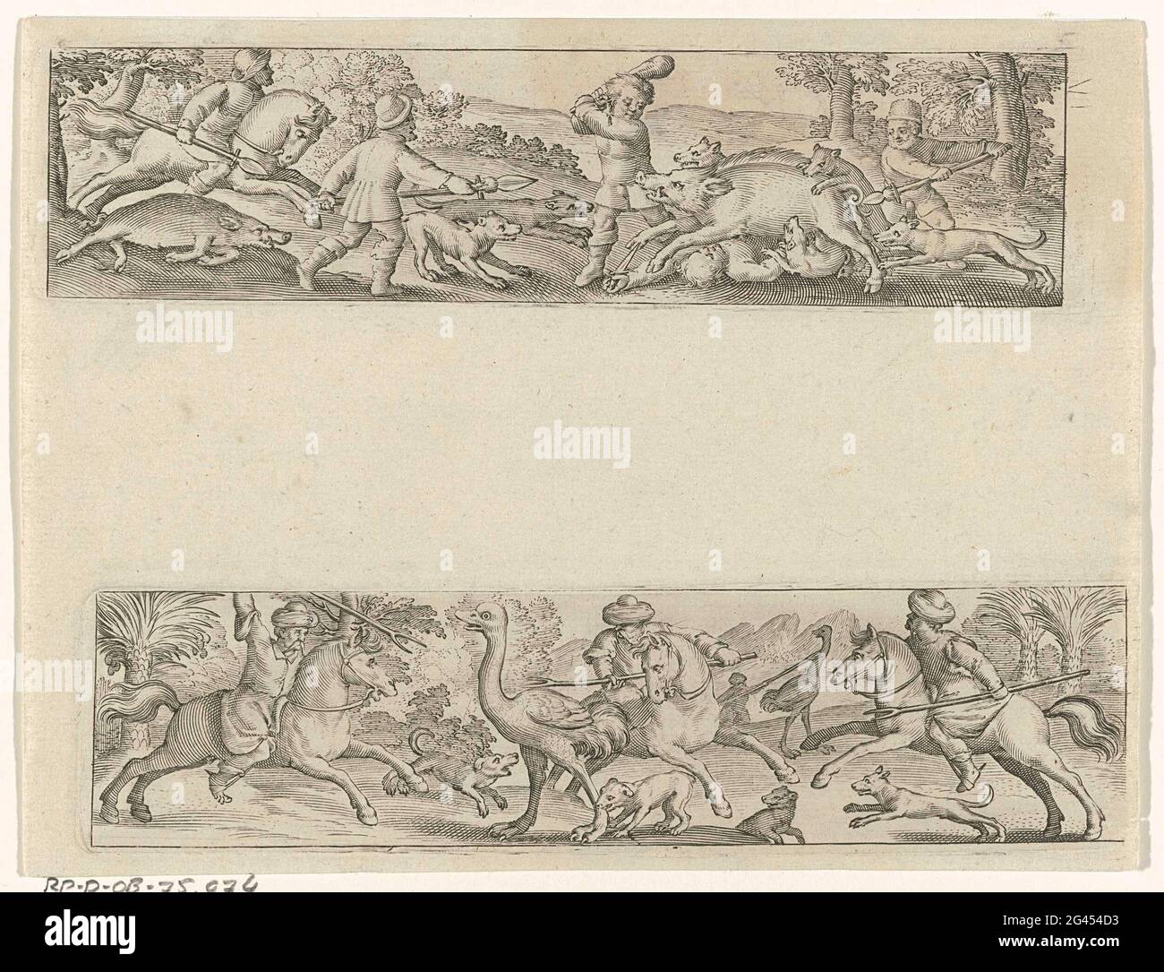 Landschaft mit Wildschweinjagd / Landschaft mit Straußenjagd; Landschaften mit Jägern. Zwei Aufführungen auf einem Blatt. Oben: Jäger jagen mit Jagdhunden, Speeren und Fledermäusen auf Wildschweinen. Unten: Jäger mit Turban auf dem Kopf jagen das Pferd auf dem Strauß. Stockfoto