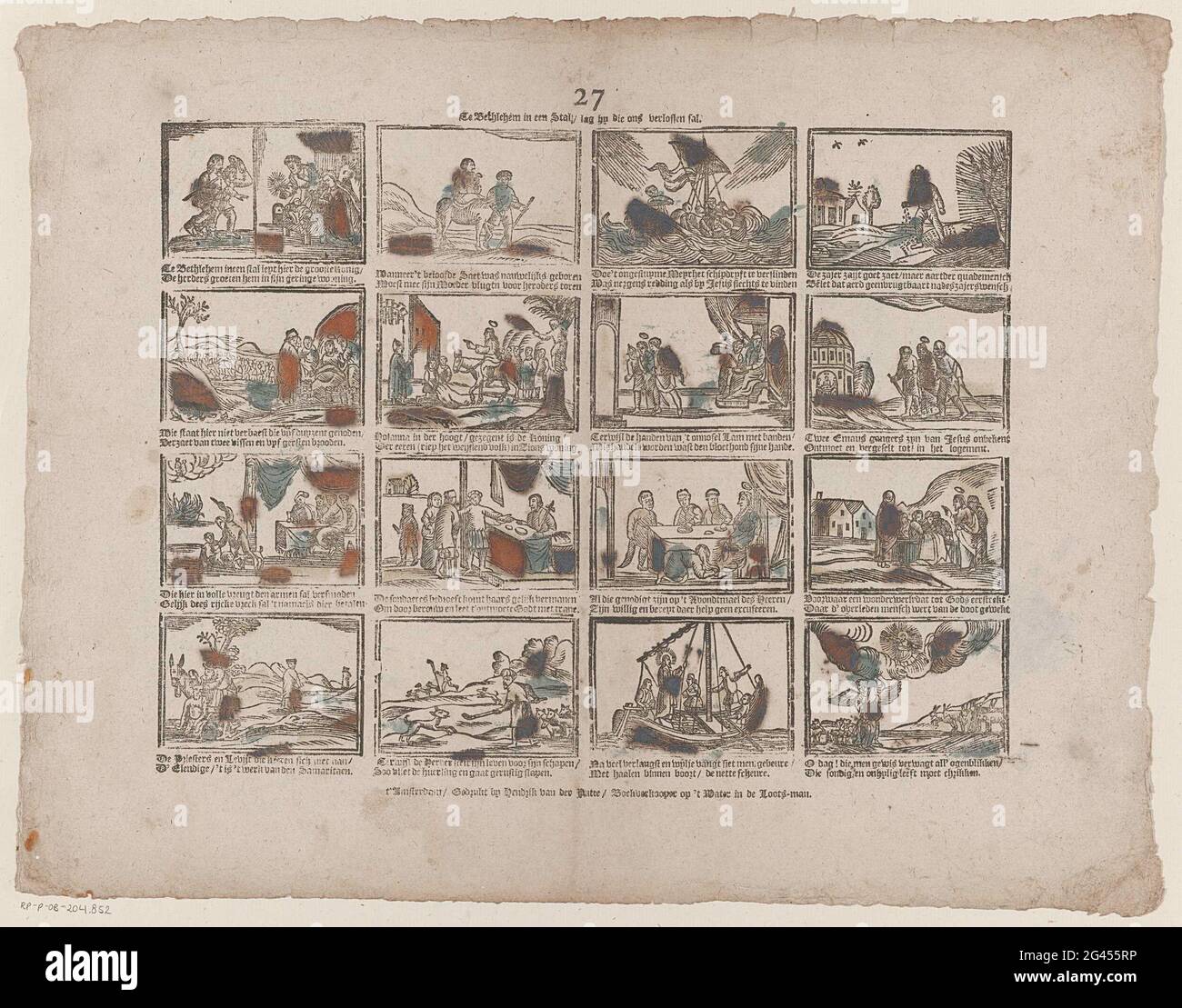 In Bethlehem in einem Stall / lag er, der uns erlösen wird. Blatt mit 16 Aufführungen von Geschichten aus dem Neuen Testament, wie die Flucht nach Ägypten und die Ankunft in Jerusalem. Unter jedem Bild eine zweibeinige frisch. Oben in der Mitte nummeriert: 27. Stockfoto