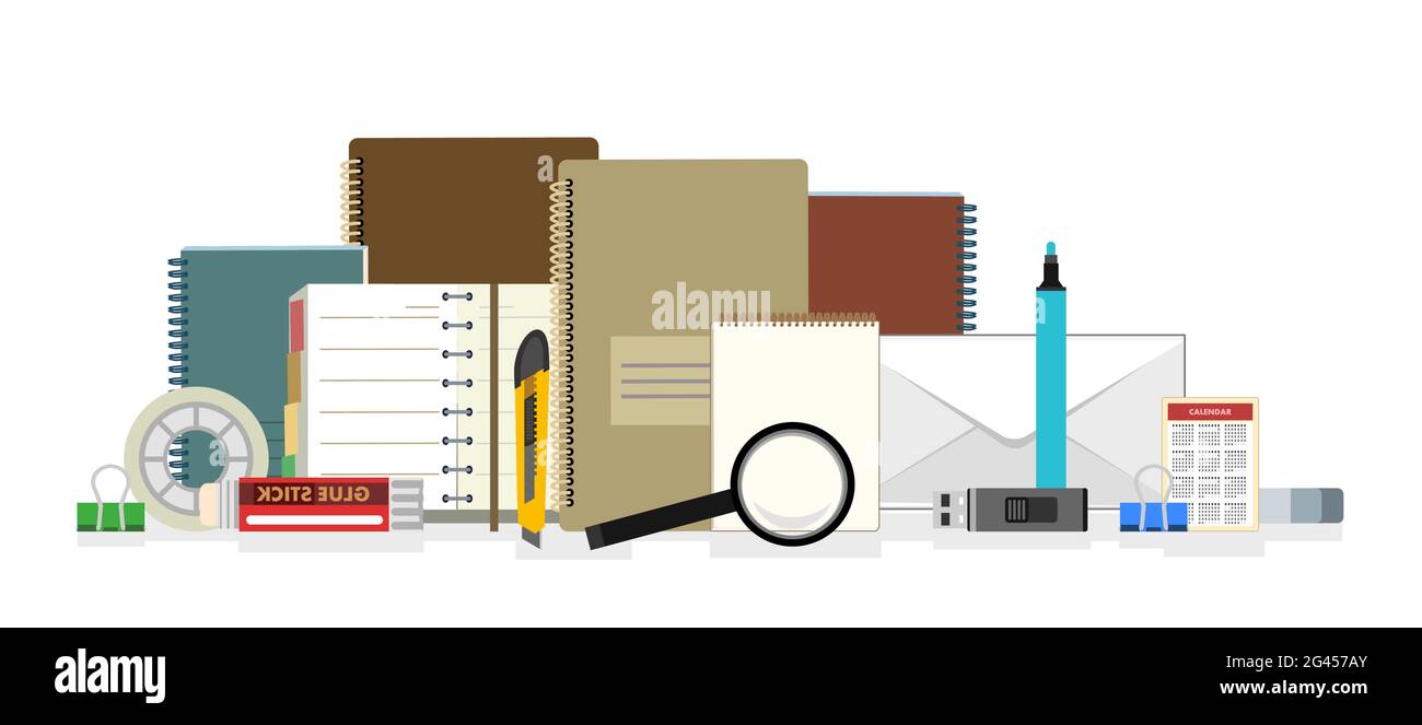 Schreibwaren. Güter für Büro, Schule und Kreativität. Isoliertes Objekt auf weißem Hintergrund. Vektor Stock Vektor