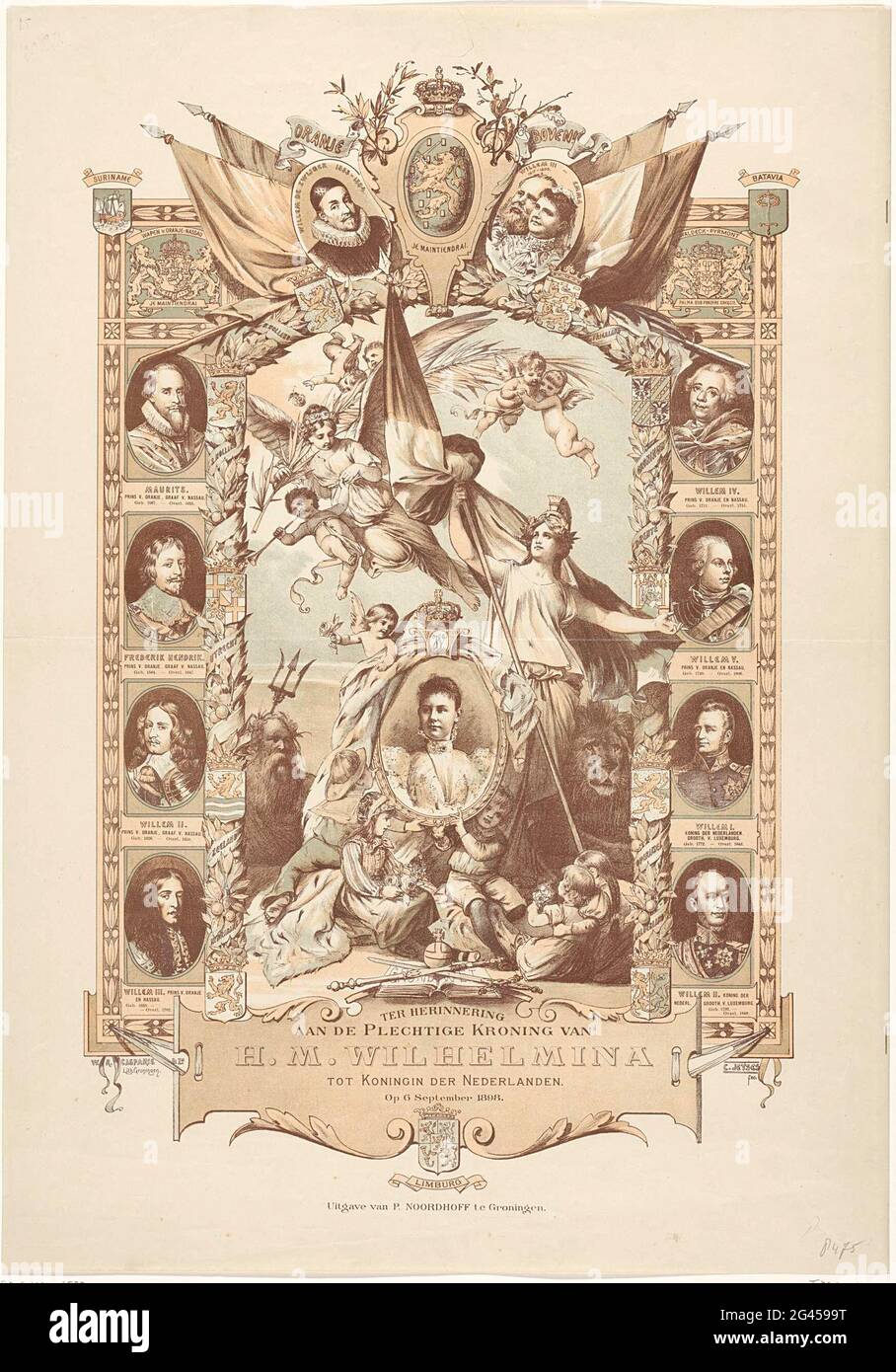 Zur Erinnerung an die feierliche Krönung von S.M. Koningin Wilhelmina zur Königin der Niederlande. Am 6. September 1898. Gedenktafel an der Thronsteifung von Königin Wilhelmina am 6. September 1898. Zentral ein Porträt in einem Queen-Medaillon, umgeben von Putten, Kindern und allegorischen Figuren. Links und rechts Porträts von Stadtbauern und Königen aus dem Oranje-Nassau-Haus. Stockfoto