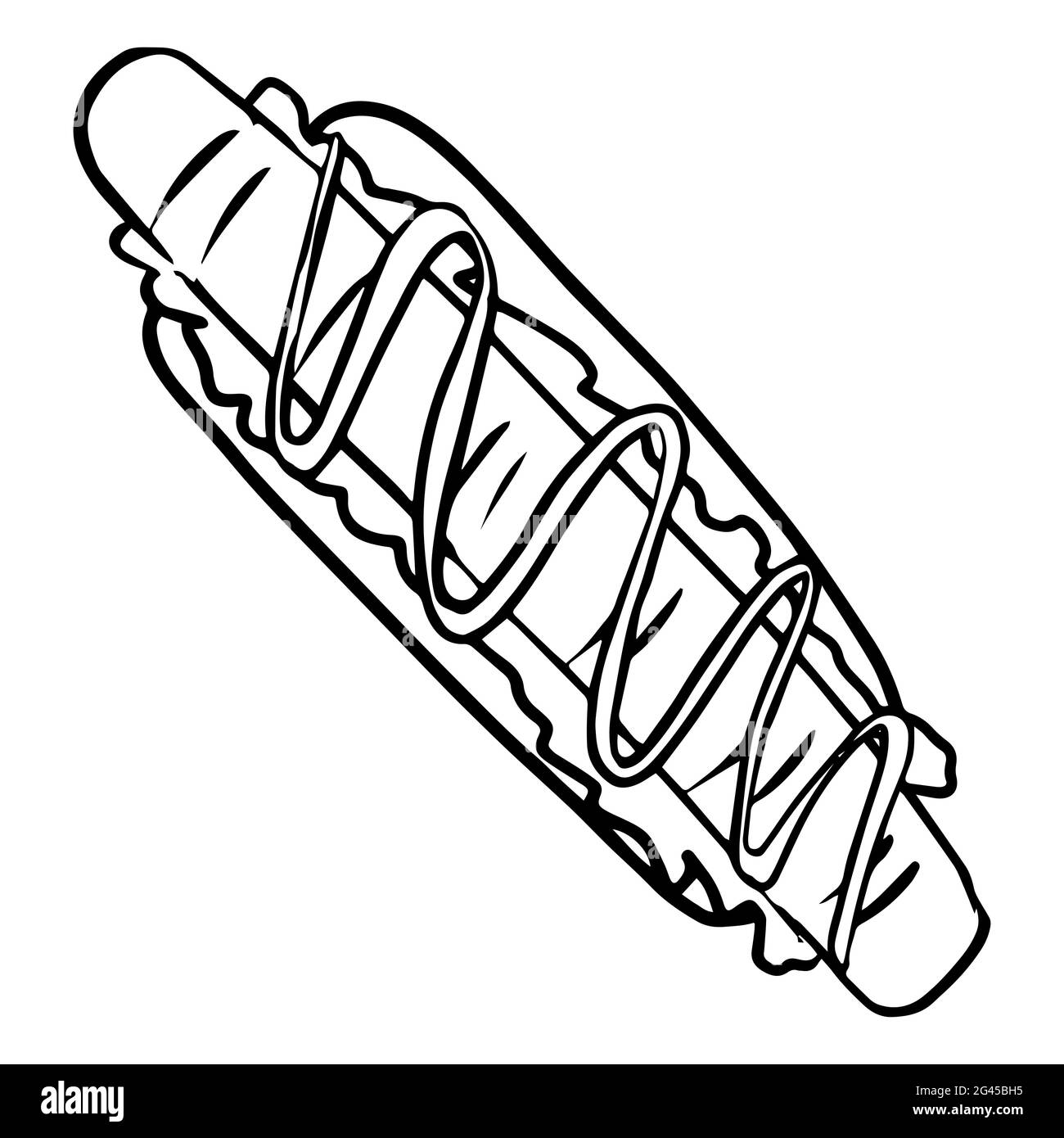 Handgezeichneter Hotdog mit Senf-Illustration schwarz und weiß. Stock Vektor