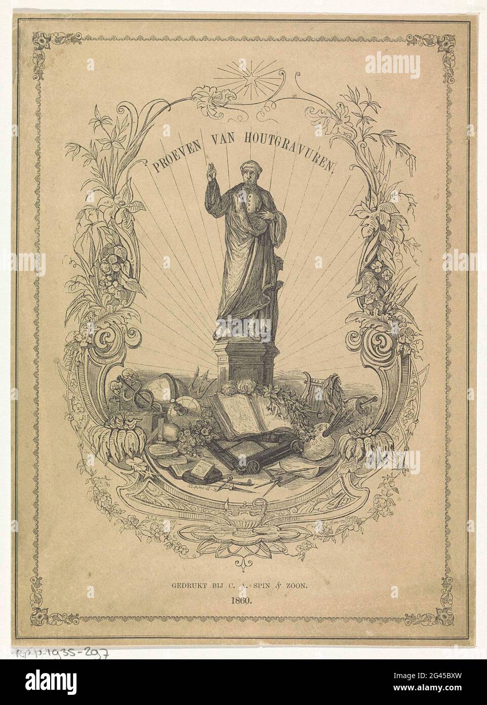 Statue von Laurens Jansz. Coster; Verkostung von Holzgräbern. Statue von Laurens Jansz. Coster. Um eine Reihe allegorischer Objekte, darunter einen Globus, eine Harfe, einen Lorbeerkranz, einen Passanten und einen Einkaufenhaken. Komplett in einem ornamentierten ovalen Rahmen mit Blumen und Pflanzen. Stockfoto