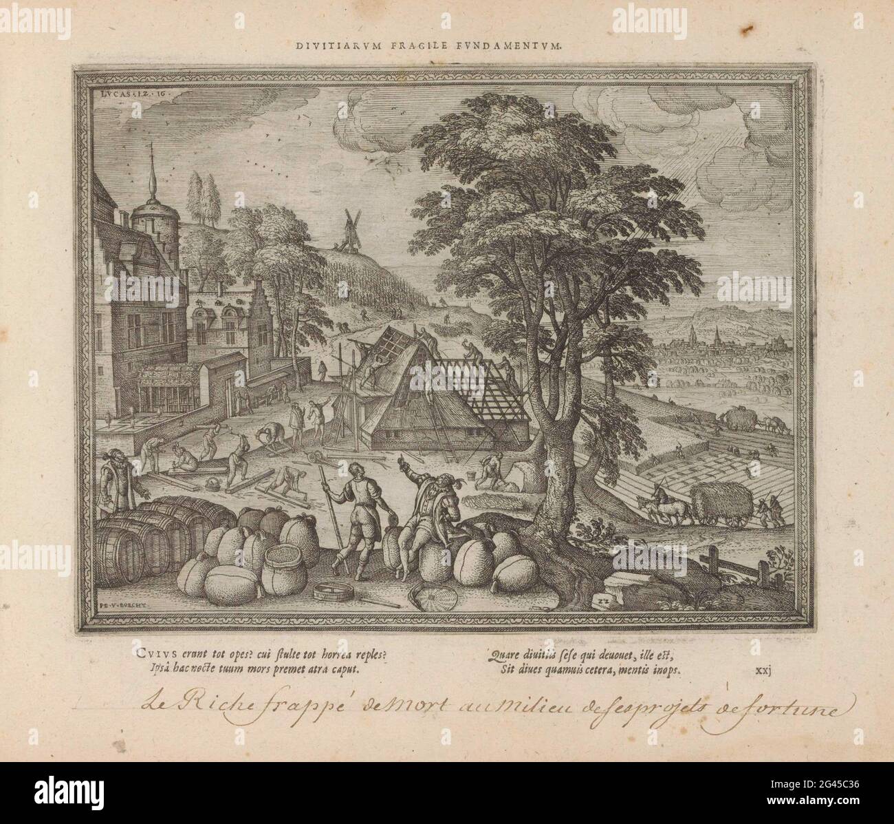 Landschaft mit dem Abbild des reichen Narren; Divitiarum Fragile Fundamentum; Emblemata novi testamenti; Emblemata sacra è praecipuis UtriRIQUE Testamenti Historiis Concinnata (Neues Testament); Imagines und Figurae bibliorum. Landschaft mit dem Bauernhof eines reichen Mannes. Der Mann sitzt auf einem Maisbeutel an einem Baum und lässt eine große Scheune für seine Bestände und Ressourcen bauen (Luc. 12:16 Uhr). Mit einem lateinischen Motto über der Performance und einer vierzeiligen lateinischen Beschriftung unter dem Druck. Der Druck ist Teil eines Albums. Stockfoto