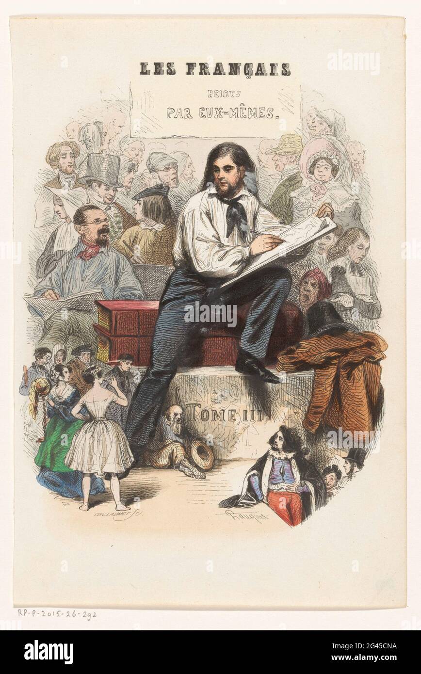 Skizzierender Künstler; Titelseite für: Les Français Peints Par eux-mêmes, 1841. Ein Künstler ist mit einer Skizze beschäftigt, sitzt auf zwei großen Büchern und einem Stein. Es ist von Charakteren umgeben, von denen einige in historischen Kostümen sind. Stockfoto
