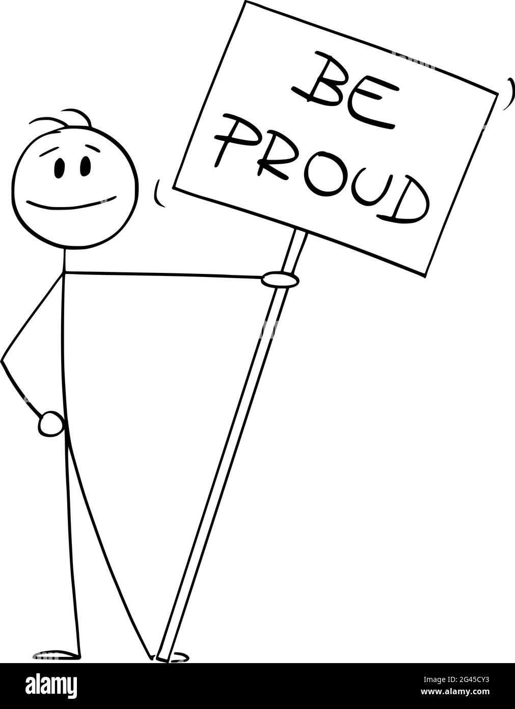Lächelnde Person hält stolz Zeichen oder Placard, Vektor Cartoon Stick Figur Illustration Stock Vektor