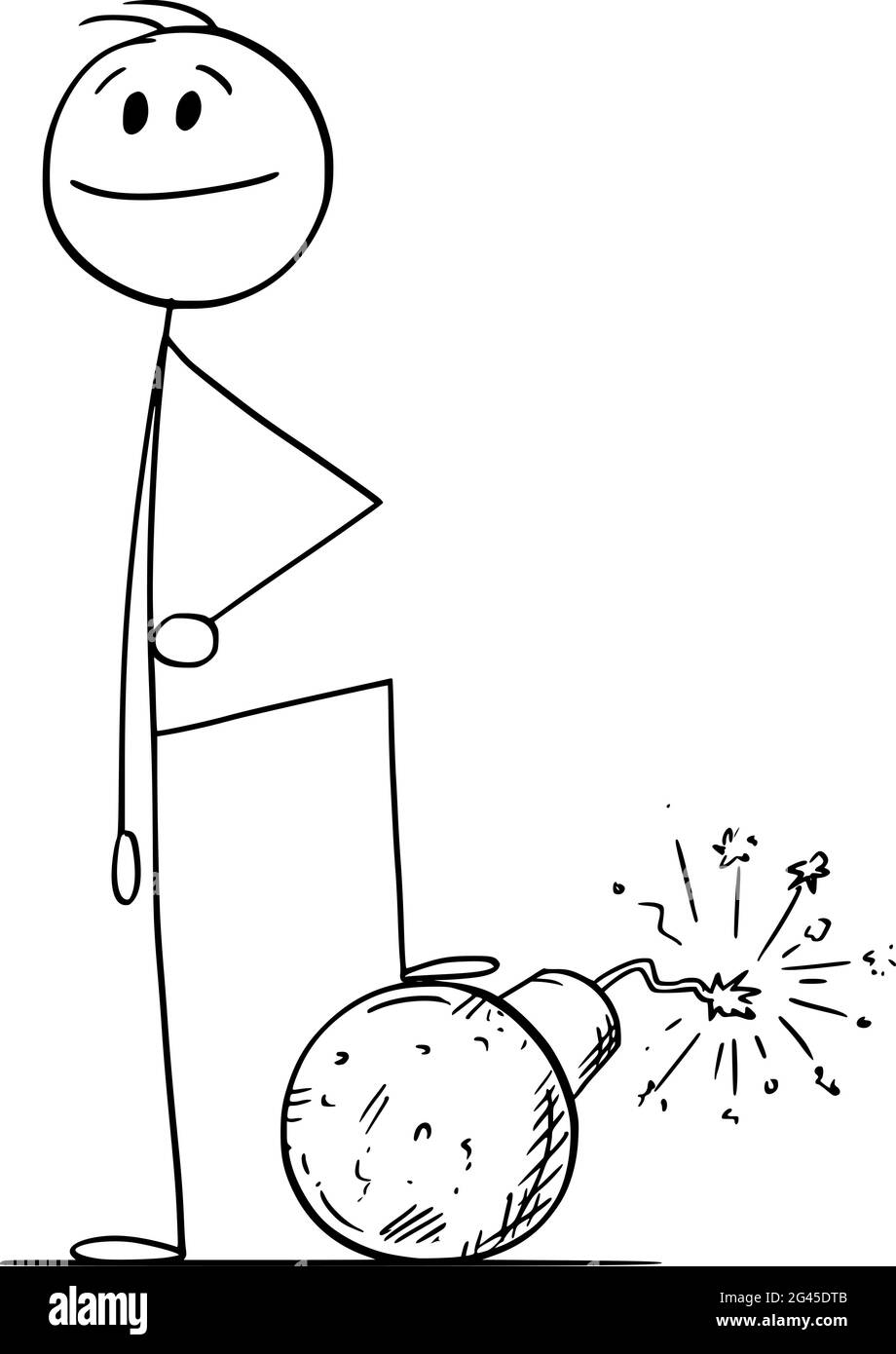 Selbstbewusste Person steht mit Fuß auf Bombe, Vektor Cartoon Stick Abbildung Stock Vektor