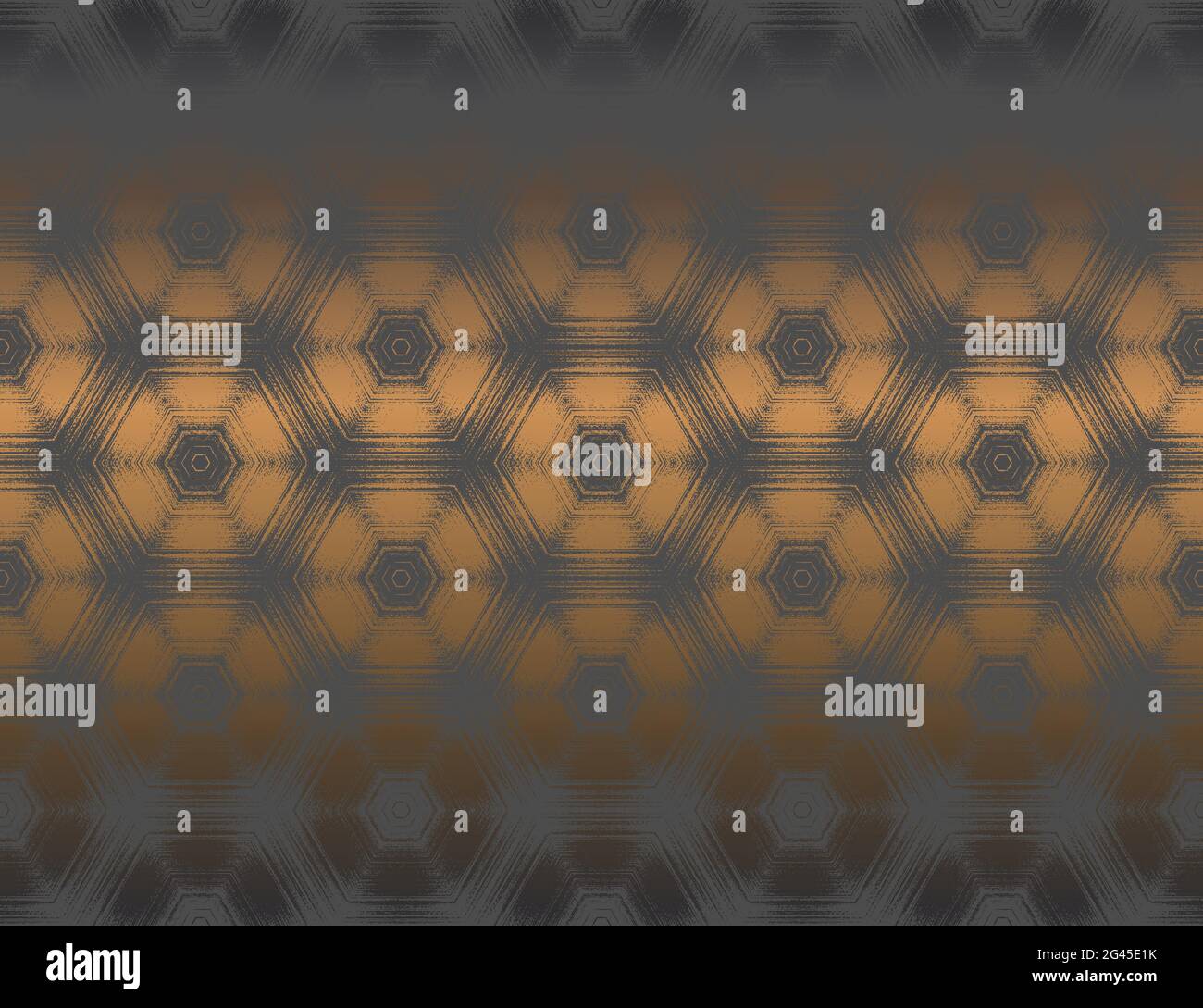 Geometrisches abstraktes Dunkelgrau mit strukturiertem Hexagon-Kaleidoskop-Muster in Metallic-Kupfer-Tönung. Nahtlose symmetrische Ornament für digitales Papier, Tapete Hintergrund-Design. Vektorgrafik. Stock Vektor