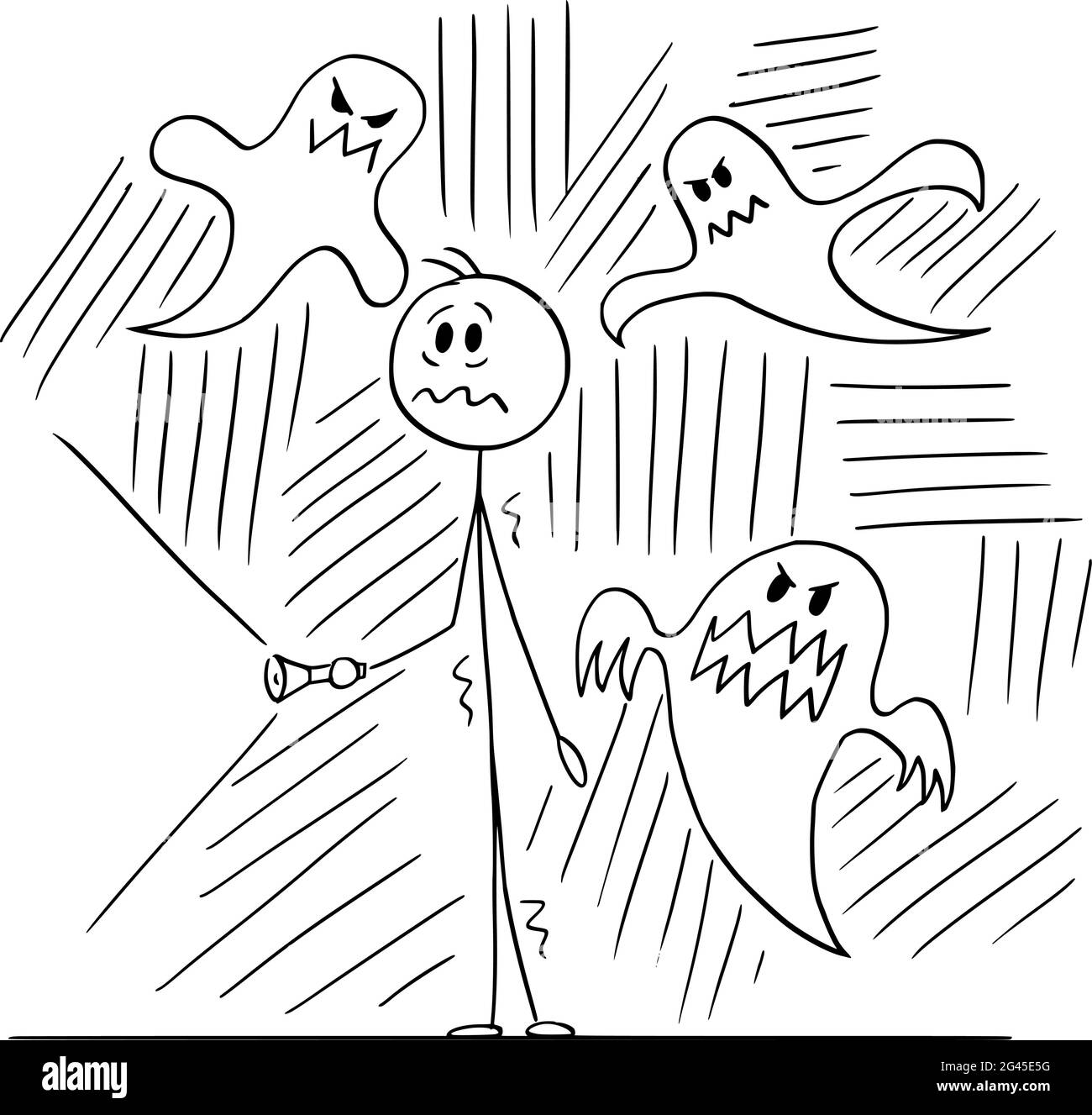 Verängstigte Person mit Taschenlampe umgeben von unerschrockenen Geister, Vektor Cartoon Stick Abbildung Stock Vektor