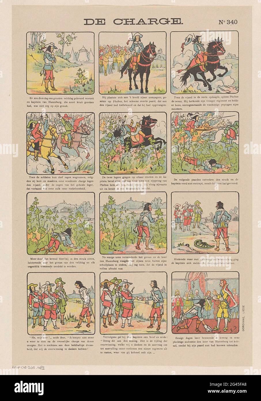 Die Ladung. Leaf mit 12 zeigt Hannibal van Hazenburg, der zufällig während einer Schlacht den Sieg auslöst. Er wird vom König zum Oberst ernannt. Unter jedem Bild eine Beschriftung. Rechts oben nummeriert: Nr. 340. Stockfoto