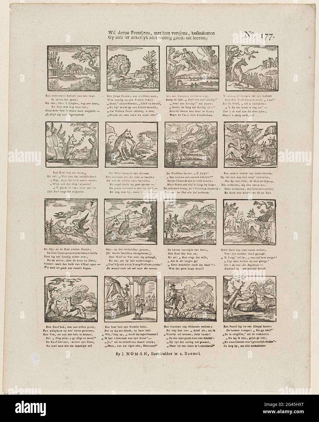 Will Deeze Prentjens mit ihren Versjens studieren, nicht sorgfältig ein wenig gut lernen. Blatt mit 16 Aufführungen aus den Fabeln von Aesopus. Unter jedem Bild ein Sechsverser. Rechts oben nummeriert: Nr. 177. Stockfoto