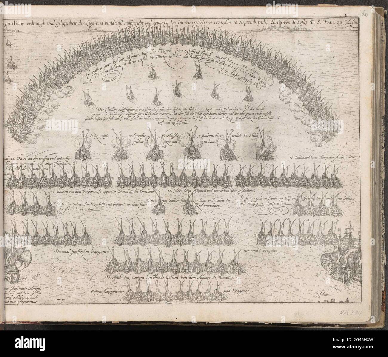 Schlacht von Lepanto, 1571; True Eigentliche Ordnungh und Novehead, der Liga und Bundniß Auffgericht und Gemight im Jar unseres Herrn 1571. Am 16. September Inder Abreiss von de foß D.S. Joan. Zu meßina; Serie 11: Varia Foreign Events, 1571-1631. Anordnung der türkischen und christlichen Flotte am 16. September, vor der Arbeit in Lepanto, 7. Oktober 1571. Die türkische Flotte wurde in Form eines Halbmondes aufgestellt. Links unten nummeriert: 75. Der Druck ist Teil eines Albums. Stockfoto