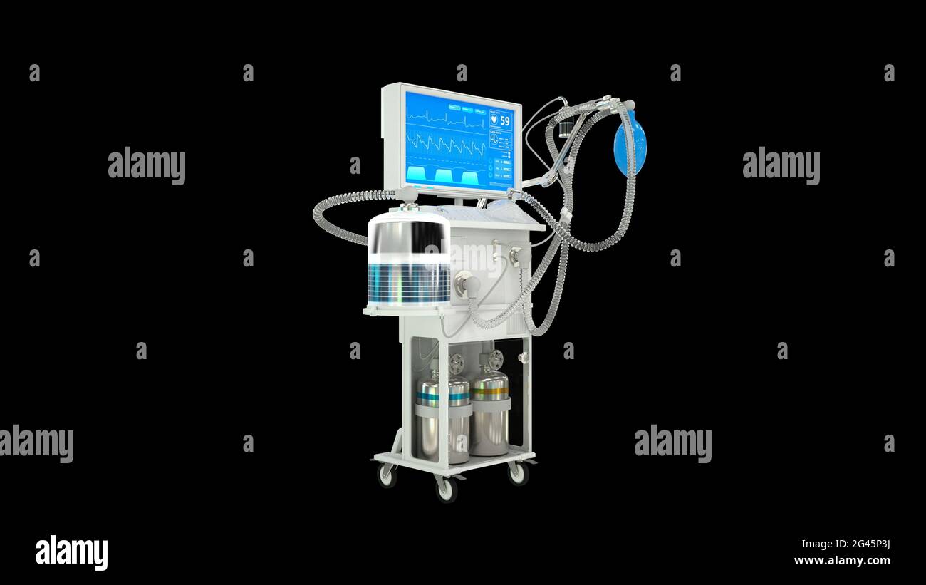 Medizinische 3d-Darstellung, IS covid Ventilator 3d Rendering isoliert auf Schwarz Stockfoto