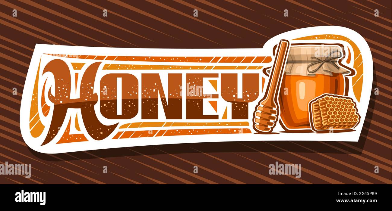 Vektor-Banner für Honig, dekorativ geschnittenes Papier Schild mit Abbildung von hölzernen Honig Dipper, Glas rustikalen Topf und Stück Wabe, fügen Coupon Stock Vektor