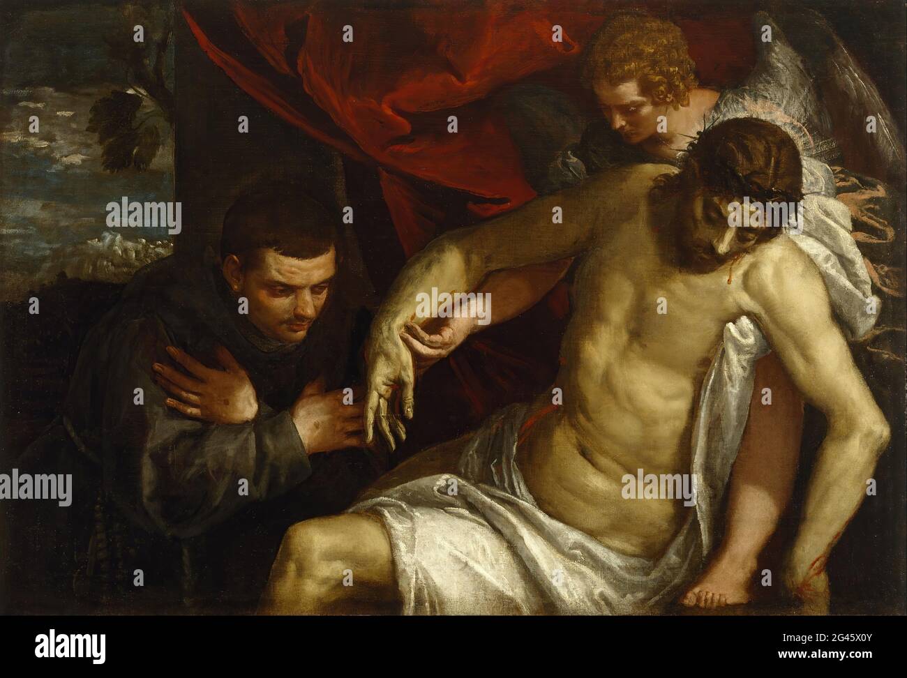 Paolo Veronese - der tote Christus unterstützt von einem Engel Und von einem Franziskaner verehrt Stockfoto