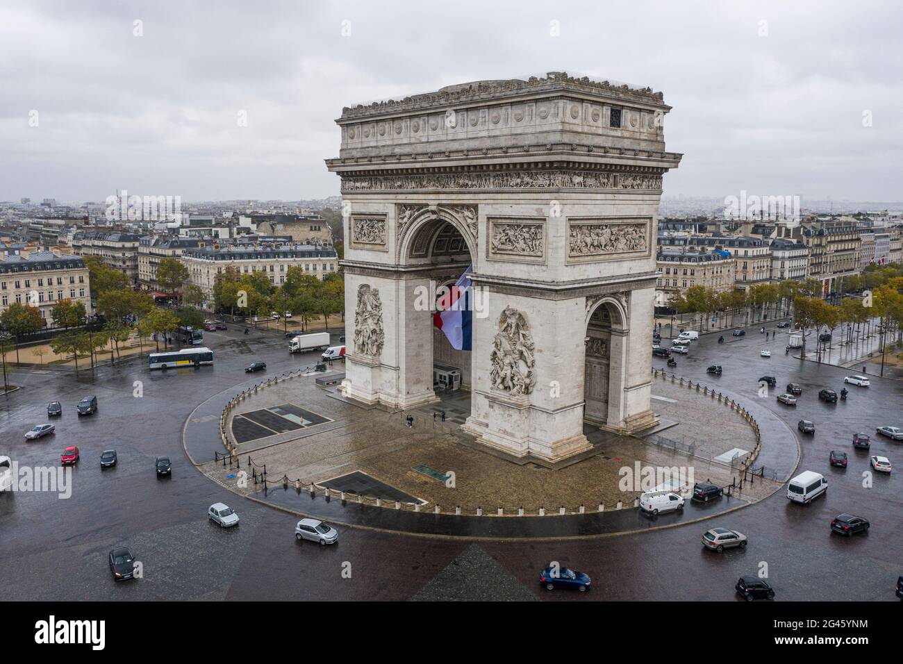 Luftaufnahme des Arc de Triomphe, Paris Stockfoto