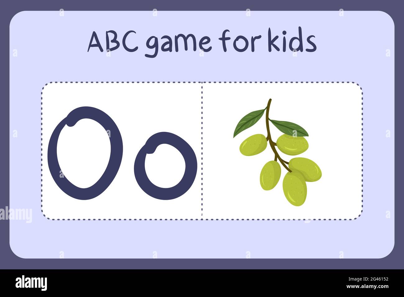 Kind Alphabet Mini-Spiele im Cartoon-Stil mit dem Buchstaben O - olive. Vektor-Illustration für Spiel-Design - Schneiden und spielen. Lerne abc mit Flash-Karten für Obst und Gemüse. Stock Vektor
