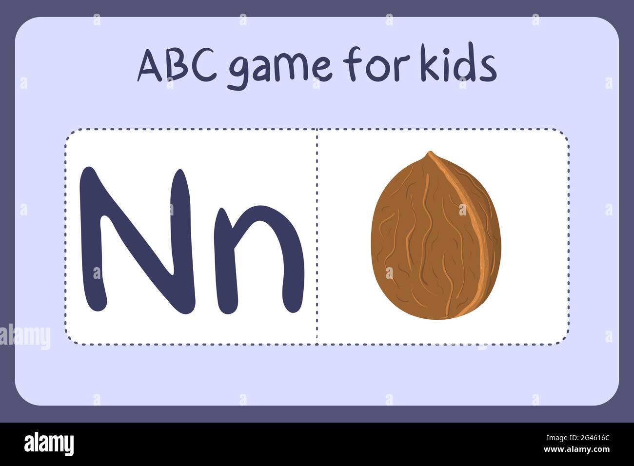 Kind Alphabet Mini-Spiele im Cartoon-Stil mit dem Buchstaben N - Nuss. Vektor-Illustration für Spiel-Design - Schneiden und spielen. Lerne abc mit Flash-Karten für Obst und Gemüse. Stock Vektor