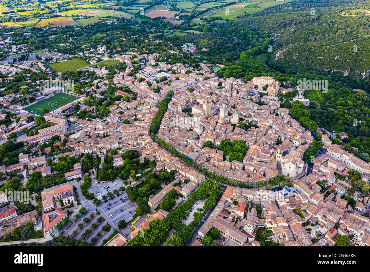 Luftaufnahme der historischen Stadt Uzes, Frankreich Stockfoto