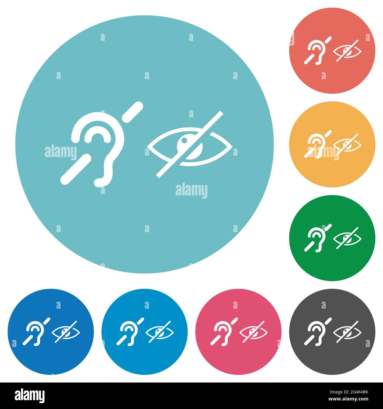 Symbole für Hör- und Sehbehinderte flache weiße Symbole auf runden farbigen Hintergründen Stock Vektor